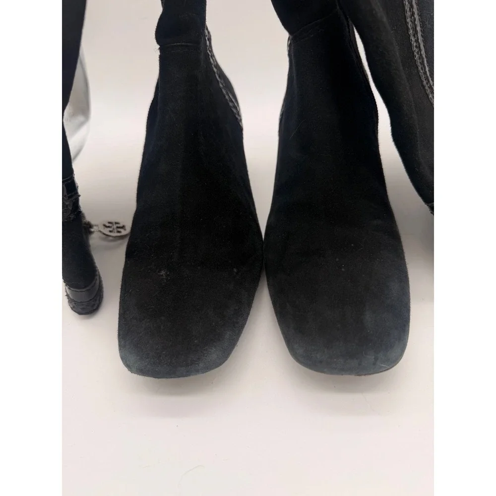 Tory Burch Black‎ Suede Tall Boots Logo Snake Trim Square Toe Block Heel 6M